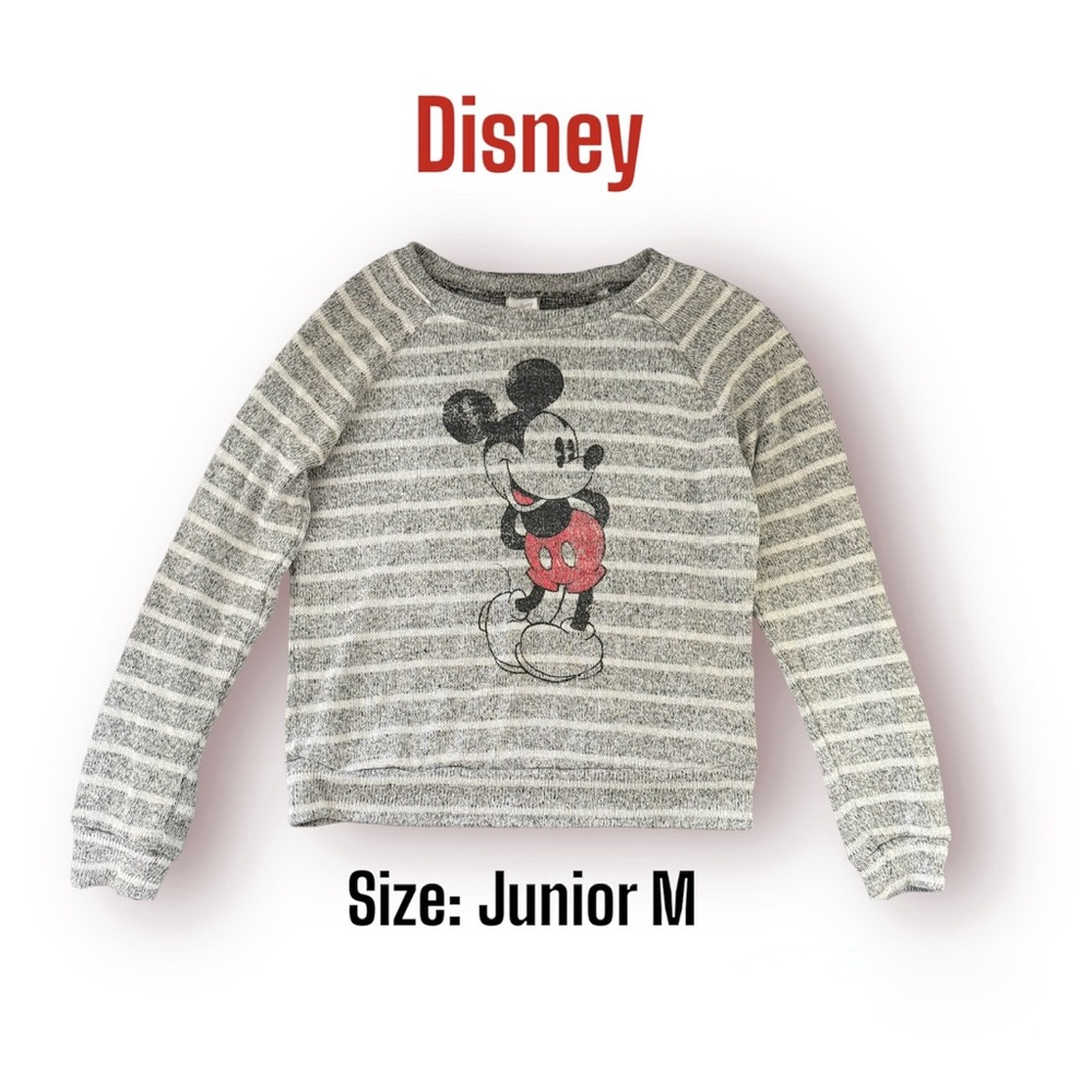 Disney Sweater Top Juniors Medium Striped Mickey Mouse Gray Long Sleeve Pullover